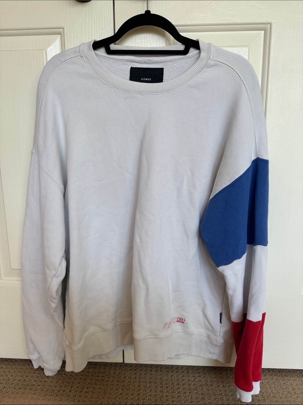 Men’s White Colorblock Crewneck Sweater with Blue and Red Sleeve